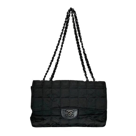 Auth CHANEL New Travel Line / Chocolate Bar Stitch Black Nylon Jacquard - Picture 1 of 14